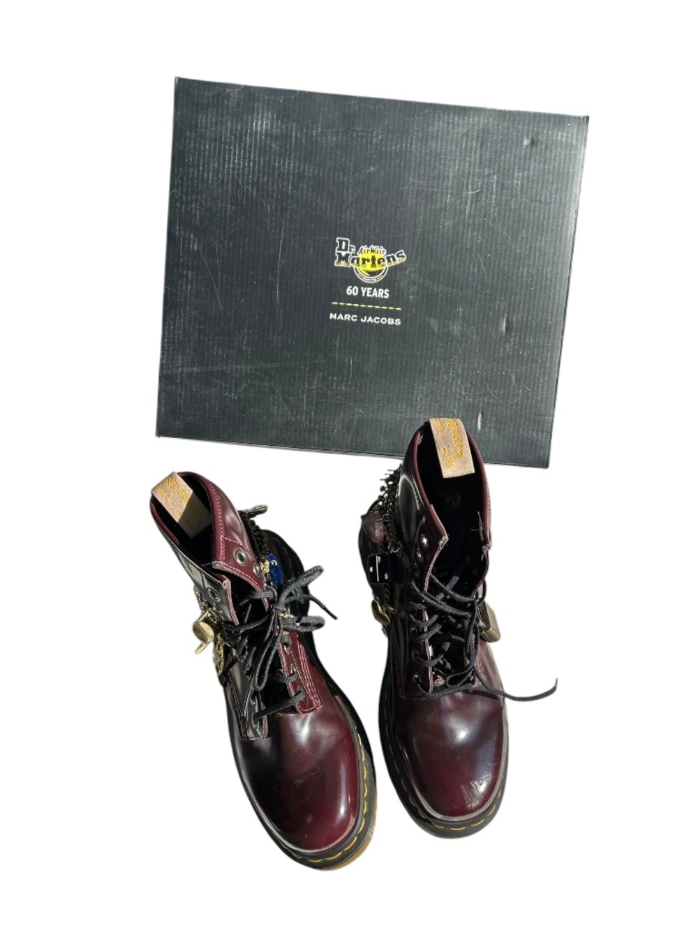 Marc Jacobs Dr Marten AirWair Cherry Red Charms embellished boots 40 8 1/2